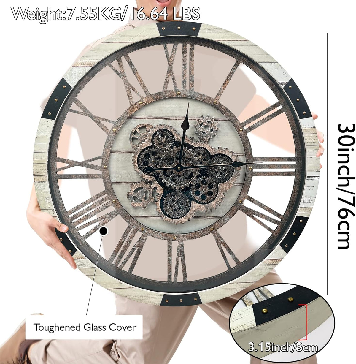 DORBOKER 30" Large Wall Clock Moving Gears,Oversized Industrial Rustic Farmhouse Clocks for Living Room Decor Office Home, Solid Wood Retro Metal HD Tempered Glass Cover,Desert Beige