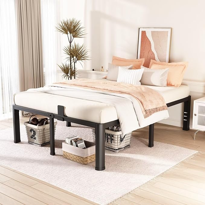 FUIOBYVV 18 Inch King Bed Frame with Rounded Corner and Headboard Hole Mattress Retainers 3500 LBS Metal Heavy Duty Steel Slats Support No Box Spring Needed Platform Noise Free Easy Assembly