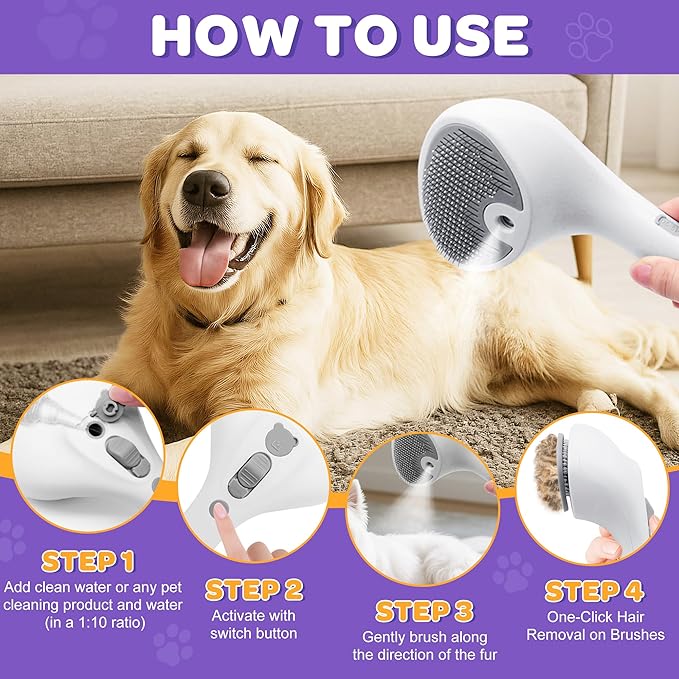 Pet Spray Grooming Brush Cat Brushes Cat Hair Removal Products Cat Shedding Tools Self Cleaning Ergonomic Grip for Short Long Haired Pets Help with matted Fur Rechargable Comb Mist