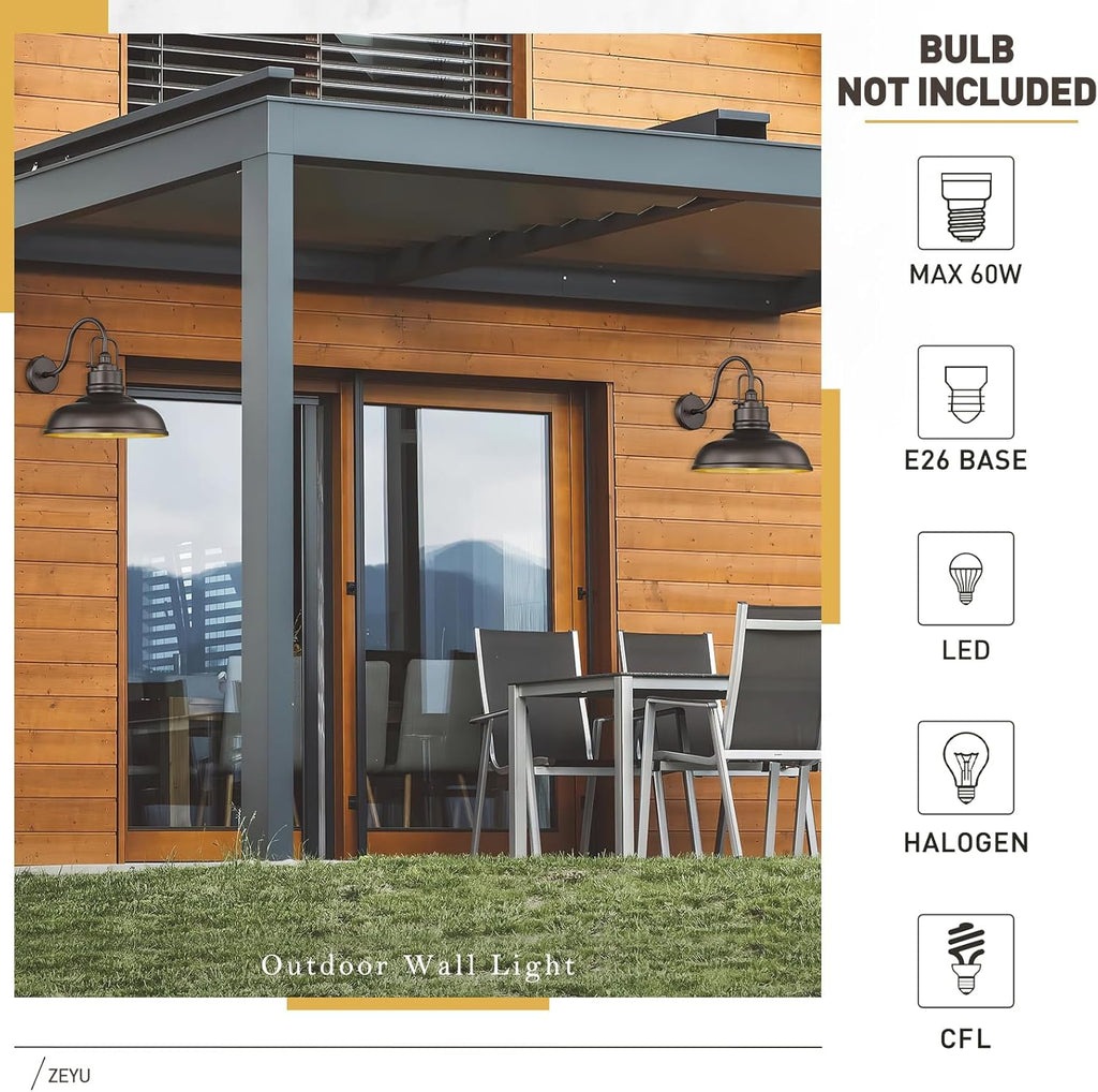 zeyu 2 Pack Outdoor Barn Light Fixtures, Farmhouse Gooseneck Wall Lights for Front Porch, 18" Dusk to Dawn Sensor Wall Sconces in Oil Rubbed Bronze Finish, 016-1BL-PC-2 ORB