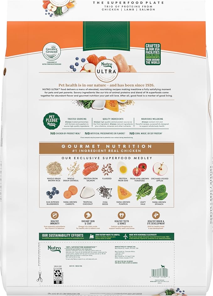 Nutro Ultra High Protein Dry Puppy Food, Trio of Proteins from Chicken, Lamb and Salmon, 22 lb Bag