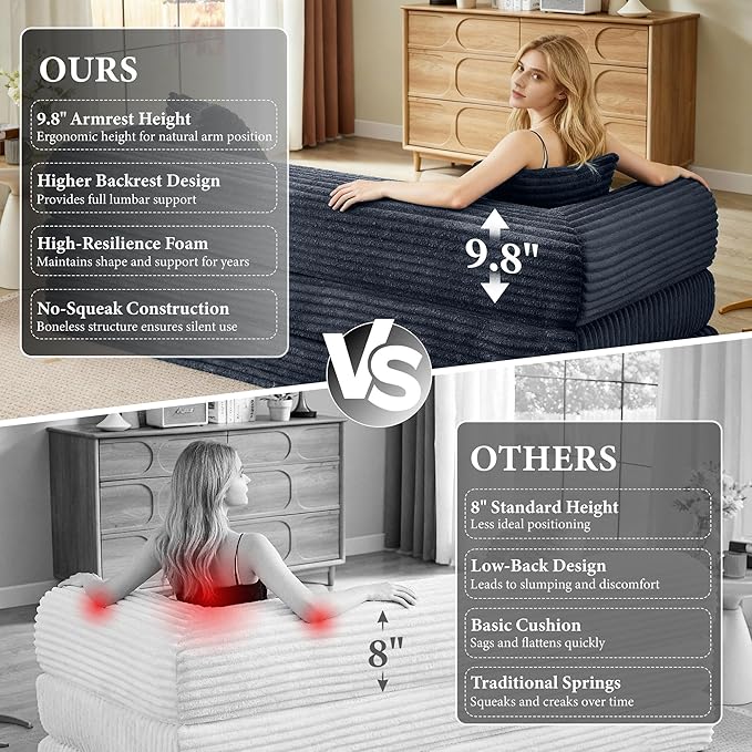 Boneless Couch Sofa Bed Sectional Couches for Living Room,Futon Cloud Couch with Sleeper Sofa,Sofas for Living Room Oversized Corduroy Upholstered (Dark Grey)