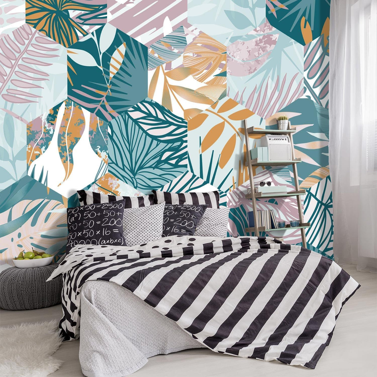 -Abstract Geometry Botanical Banana Leaf Fabric Wallpaper Living Room Bedroom Bathroom Tropical Plant Leaf Large Wall Mural- 137"x96"（ not Peel and Stick）