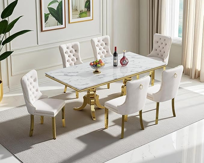 70" Faux Marble Dining Table Set for 6, 7-Piece Dining Set with White Gold Kitchen Table and 6 Velvet Tufted Chairs, Modern Rectangular Dining Room Table with American-Shape Stainless Steel Base