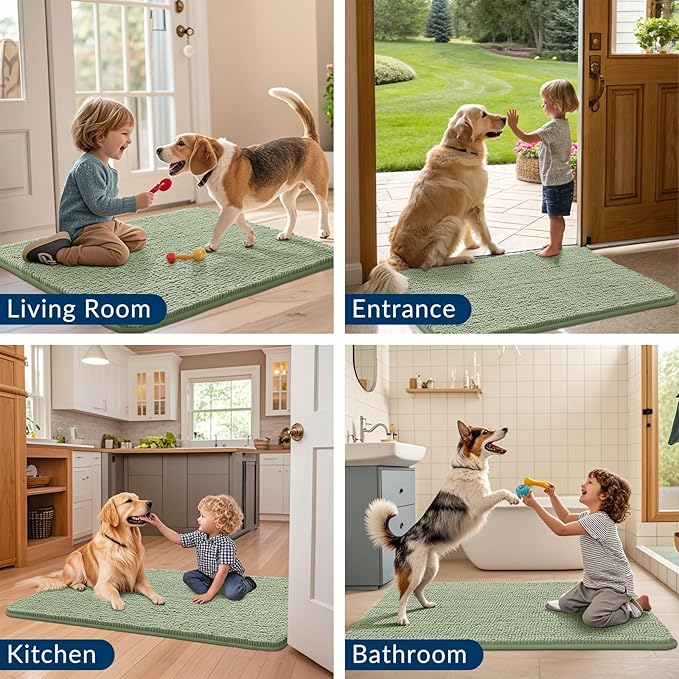 Smiry Dog Door Mat for Muddy Paws 47x32, Absorbs Moisture and Dirt Doormat, Non-Slip Washable Quick Dry Chenille Front Door Mat Indoor Entrance, Entryway Carpet for Inside Floor, Sage Green
