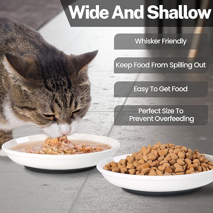 Cat Food Bowls, Whisker Friendly Ceramic Cat Bowls with Nonslip Silicone Bottom, Pack of 3 Quiet Cat Dishes and Plates for Feeding Indoor Cats, Kittens and Small Dogs(Fishbone)