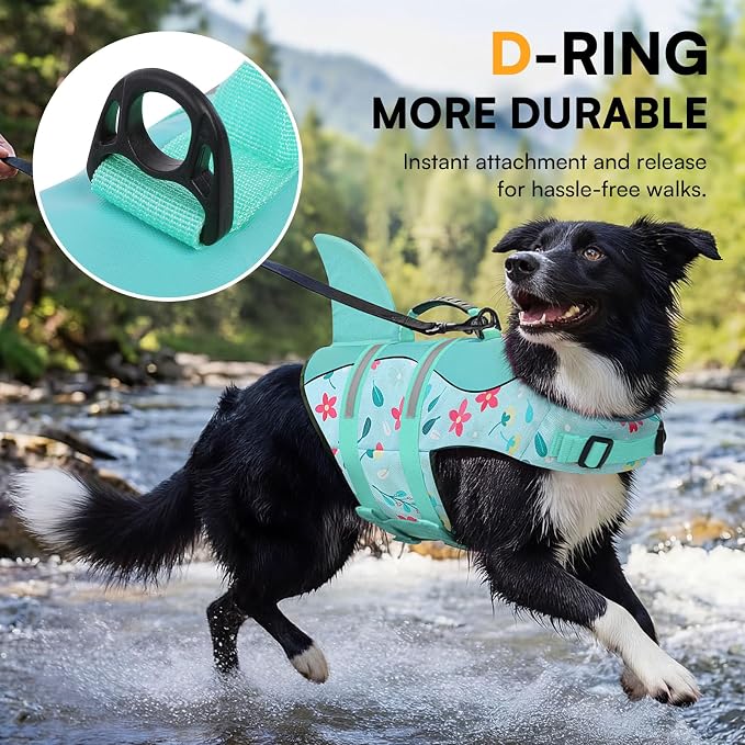 Dog Life Jacket, Dog Life Vest for Swimming, Medium Dogs Shark Safety Vest Adjustable Preserver with High Buoyancy, Pet Lifesaver for Medium Dogs, Blue Flower M