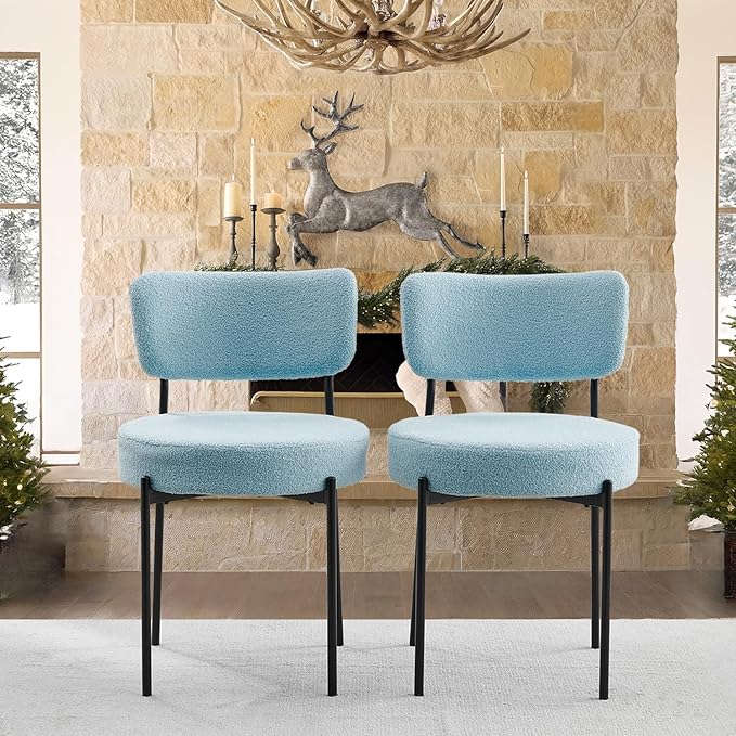 Blue Boucle Dining Chairs Set of 2, Upholstered Dinner Chair with Metal Frame, Dining Room Chairs with Padded Seat, Round Modern Seating for Living Room