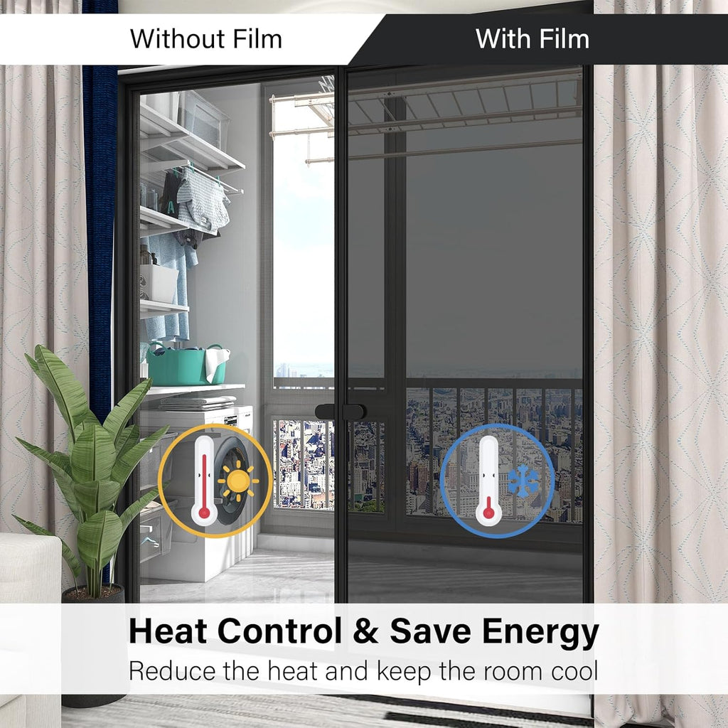 Kromapolis One Way Window Privacy Film Reflective Mirror Home Window Tint, Daytime Privacy Heat Control Anti UV Glass Tinting Static Cling (Black-Silver, 35.4 x 157.4 inch)
