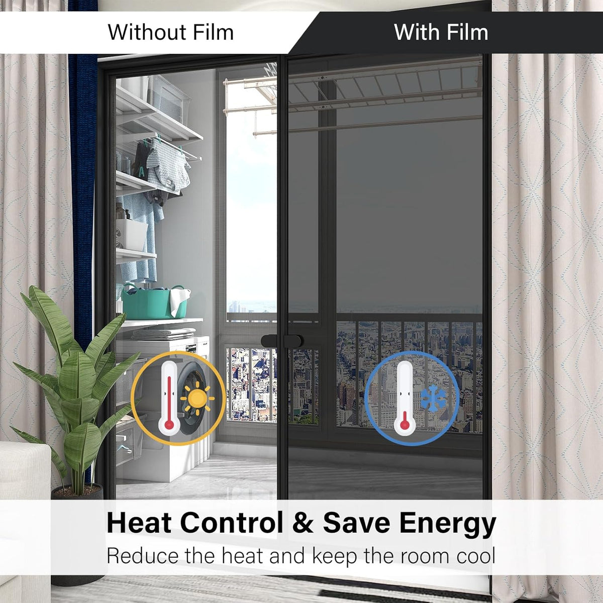 Kromapolis One Way Window Privacy Film Reflective Mirror Home Window Tint, Daytime Privacy Heat Control Anti UV Glass Tinting Static Cling (Black-Silver, 35.4 x 157.4 inch)