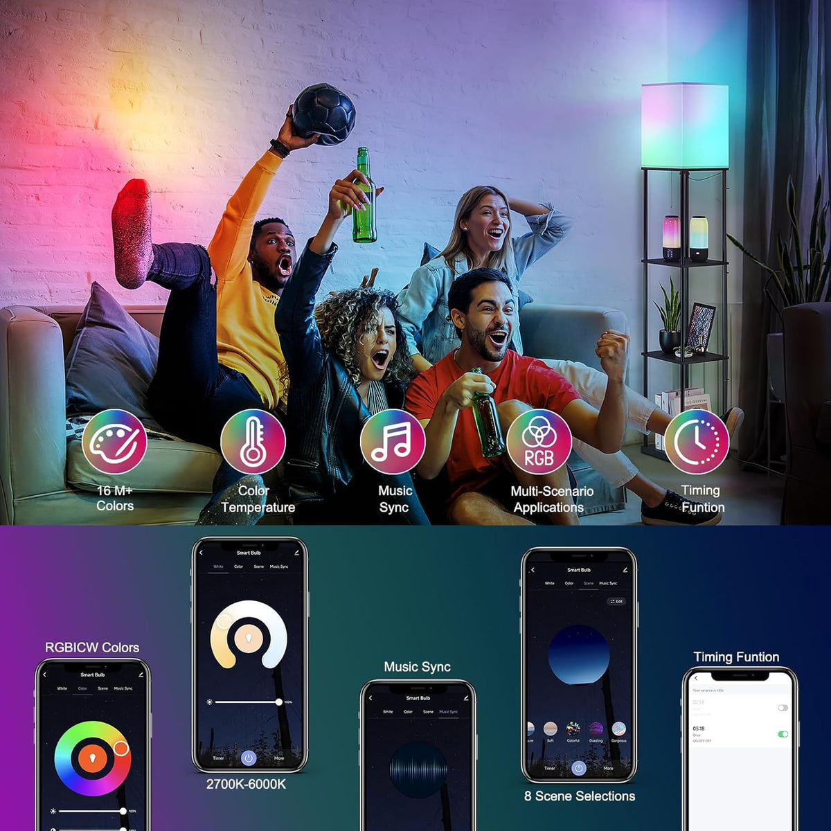 SUNMORY Floor Lamp with Shelves, Smart APP Control Standing Lamps with RGB Bulb, 4-Tier Dimmable Floor Lamps for Living Room, Tall Lamp for Bedroom, Office, Corner Display Bookshelf Lamp