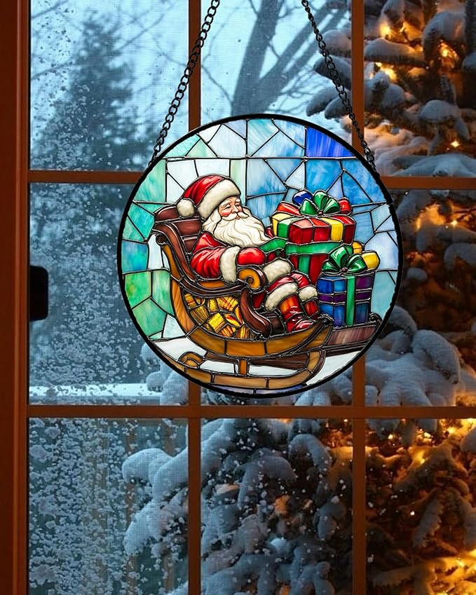 Stained Glass Window Hanging - Santa Claus Gift BoxSuncatcher for Doors Home Christmas Decoration Winter Sun Catcher Thanksgiving New Year Birthday Gift for Women Men Mom Nana 11.8 in