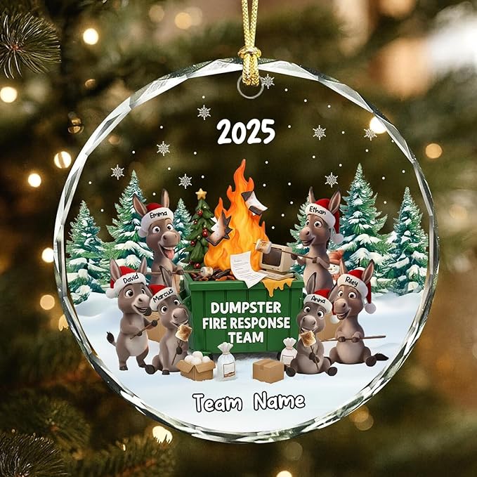 NAZENTI Personalized Funny Donkey Fire Response Team Glass Ornament, Custom Flaming Dumpster Holiday Piece, Coworker Christmas Tree Hanging Decoration