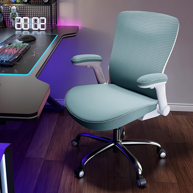 Office Home Ergonomic Desk Chair-Computer X-Shaped Chair Mesh PU Leather with Adjustable Lumbar Support-Executive Chair High Back Flip-Up Arms for Long Hours (Sky Blue-No Headrest)