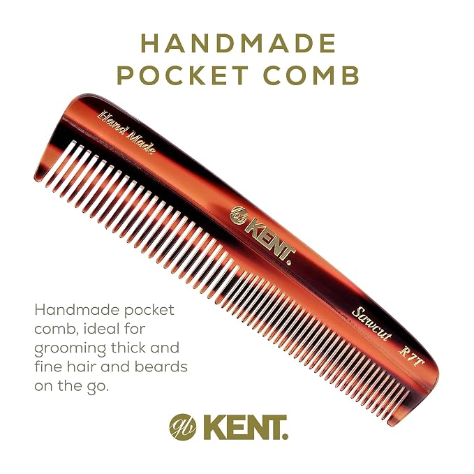 Kent R7T Fine and Wide Tooth Hair Comb, Handmade Pocket Comb for Men, Beard and Mustache Combs for Everyday Grooming and Styling, Sawcut Kent Combs, Made in England