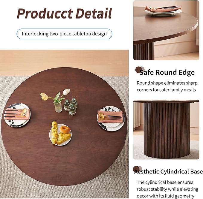 47" Round Dining Table for 4, Modern Farmhouse Wood Veneer Top with MDF Striped Base, Kitchen & Dining Room Tables - Walnut Color