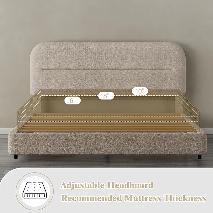 HOMBCK Full Size Boucle Bed Frame, Upholstered Cloud Bed with Headboard, Soft Bed Frames, Modern Style/Thickened Footboard/Rounded Corners Design/No Box Spring Required/Easy Assembly, Beige