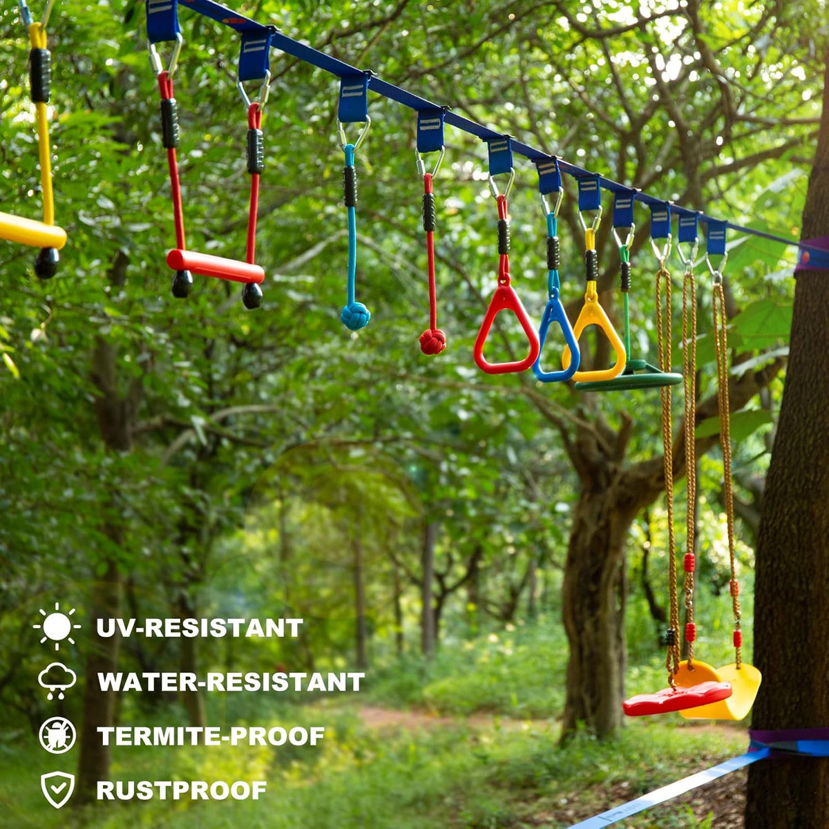 2x65 FT Ninja Warrior Obstacle Course for Kids with 13 Ninja Accessories - 600lbs Weight Capacity, Slackline with Swing Seat, Disc Swing, Ninja Wheel, Rope Ladder, Monkey Bar, Ninja Ring, Arm Trainer