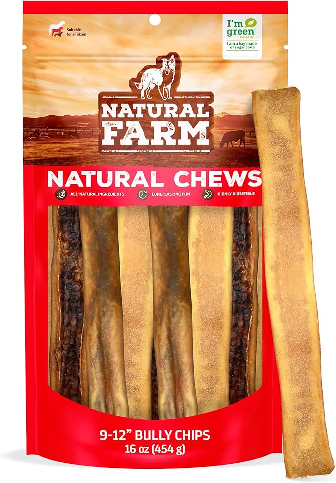 Natural Farm Bully Chips (9-12 Inch, 16 Oz.), Digestible Beef Cheek from Grass-Fed Cows, Non-GMO, Grain-Free, Natural Long-Lasting Dog Chews for Small, Medium & Large Dogs, Great Rawhide Alternative