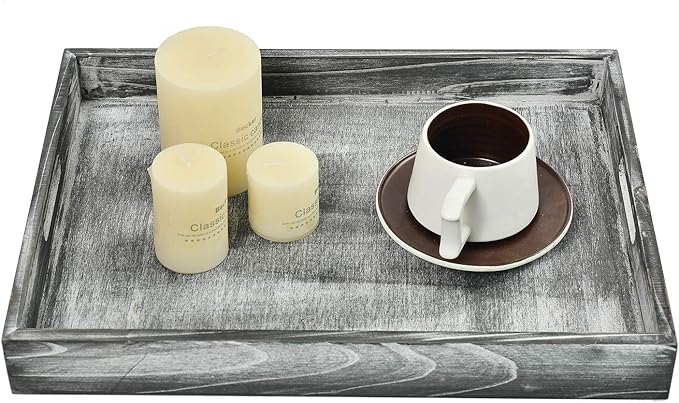 Rustic Distressed Wood Food Breakfast Serving Tray Octagon Serving Tray in Bed with Cutout Carrying Handles Coffee Office Desktop Document Holder Home Kitchen (Grey)