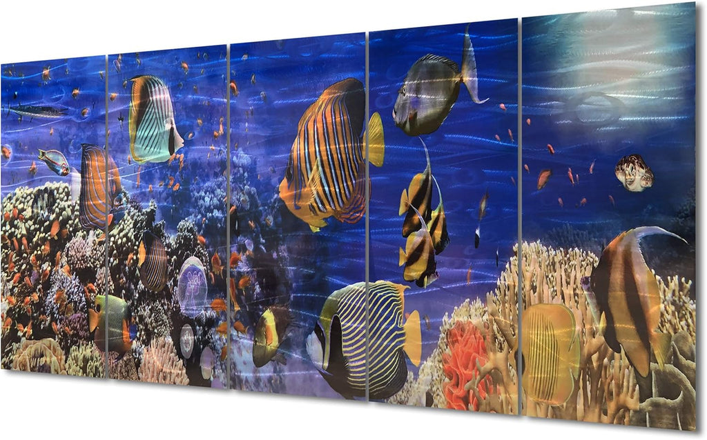 Yihui Arts Handcrafted Colorful Fish Metal Wall Art, Large Metal Wall Art in Modern Ocean Design, 3D Wall Art for Modern and Contemporary Decor, 5-Panels, Metal Wall Decor Works
