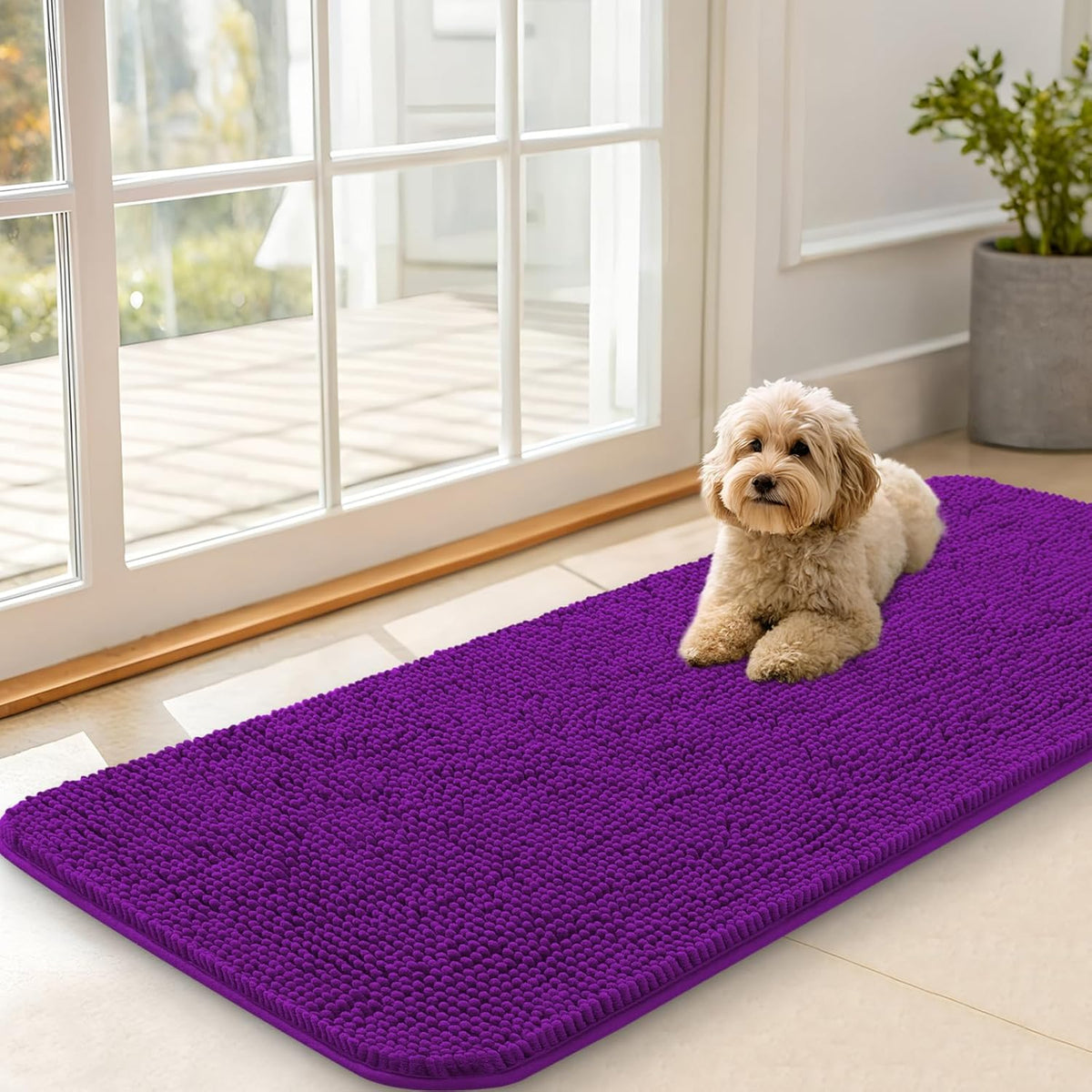 OLANLY Dog Door Mat for Muddy Paws 47x20, Absorbs Moisture and Dirt, Absorbent Non-Slip Washable Doormat, Quick Dry Chenille Mud Mat for Dogs, Entry Indoor Entryway Carpet for Inside Floor, Purple