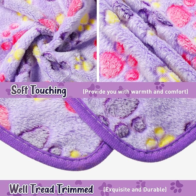 Tatuo 4 Pack Fleece Dog Blankets for Puppy Cats Multi-Size Sleep Mat for Pet Guinea Pig Soft Washable Warm Crate Bed Puppy Teething Toys Print Pattern Blanket Indoor(Purple,24 x 16 Inch,Paw)