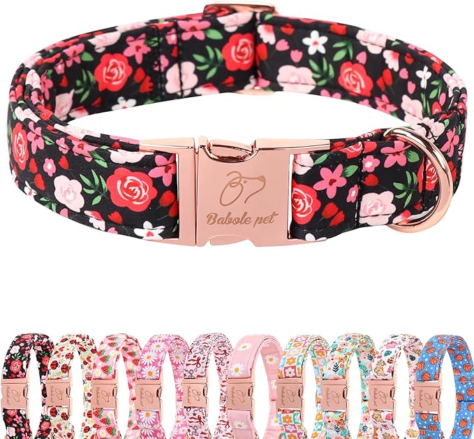 Floral Dog Collar - Rose Red Wild Flowers Pattern Cute Puppy Collar, Adjustable Winter Holiday Metal Buckle Dog Collars for Small Medium Large Dogs XL