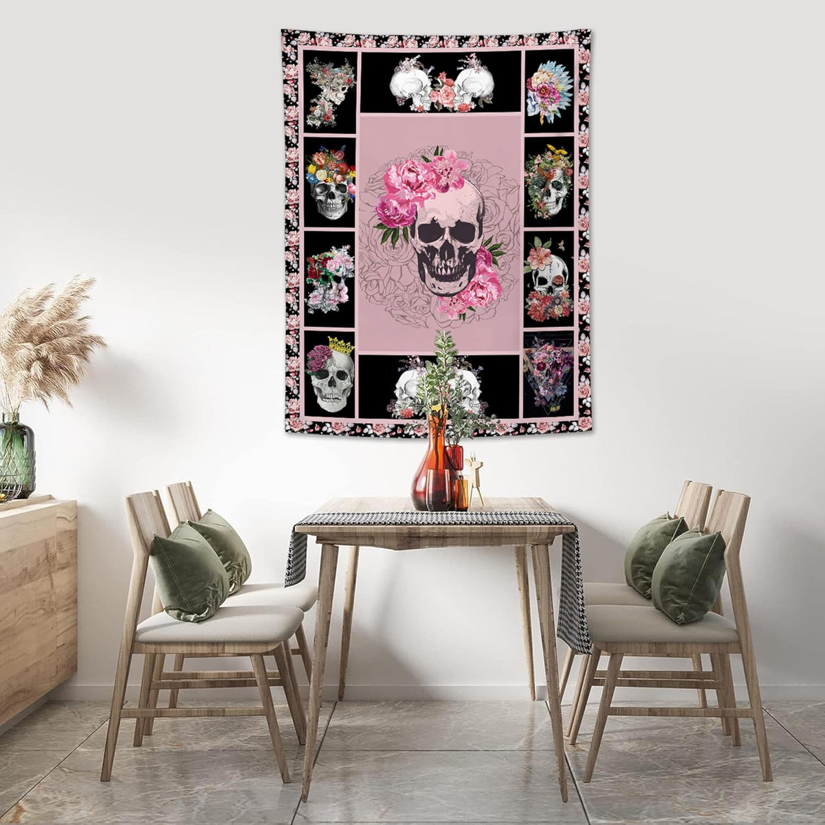 yowecso Sugar Skull Tapestry Horror Skeleton Tapestry Wall Hanging for Bedroom Rose Skull Tapestries Aesthetic Wall Decor for Home Dorm Living Room 40"x60"