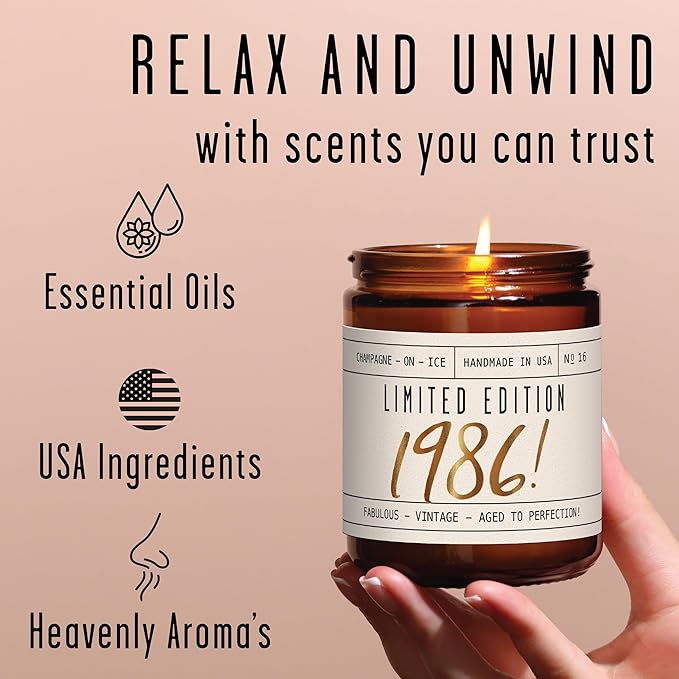 39th Birthday Gifts for Women - 'Limited Edition 1986' Soy Candle, w/Champagne on Ice I 39 Birthday Gifts for Women I 39th Gift for Her Ideas I 9oz Reusable Jar, 50Hr Burn, Made in USA