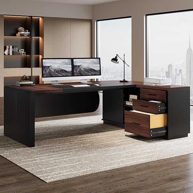 Tribesigns 80'' L-Shaped Desk, Large Executive Office Desk with 55'' Drawers Cabinet, Modern Computer Table with Storage Shelves, Business Furniture for Home Office, Walnut & Black