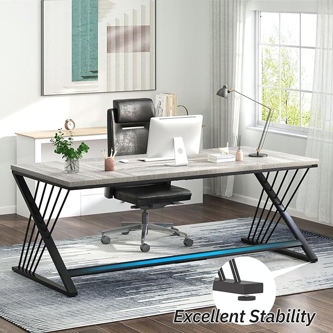 FOLUBAN 70.9" Industrial Computer Desk with Z-Shaped Legs, Modern Home Office Desk for 2 Person, Large Gaming Executive Workstation Study Table for Bedroom Writing, Light Grey