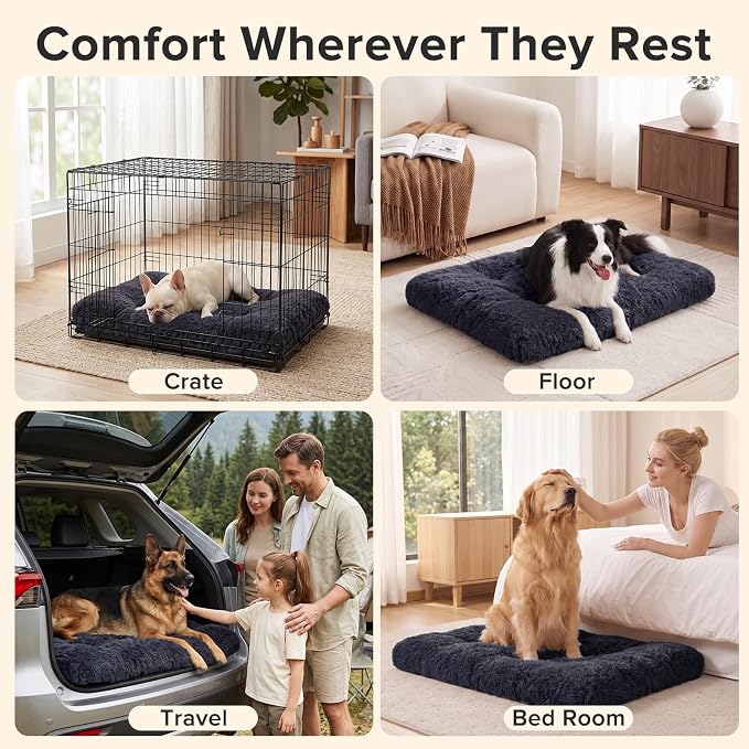 JOEJOY Large Dog Bed Crate Pad, Deluxe Plush Washable Dog Beds Fulffy Soft Kennel Pad Anti-Slip Pet Sleeping Mat for Extra Large Medium Small Dogs, 40" x 27", Dark Grey