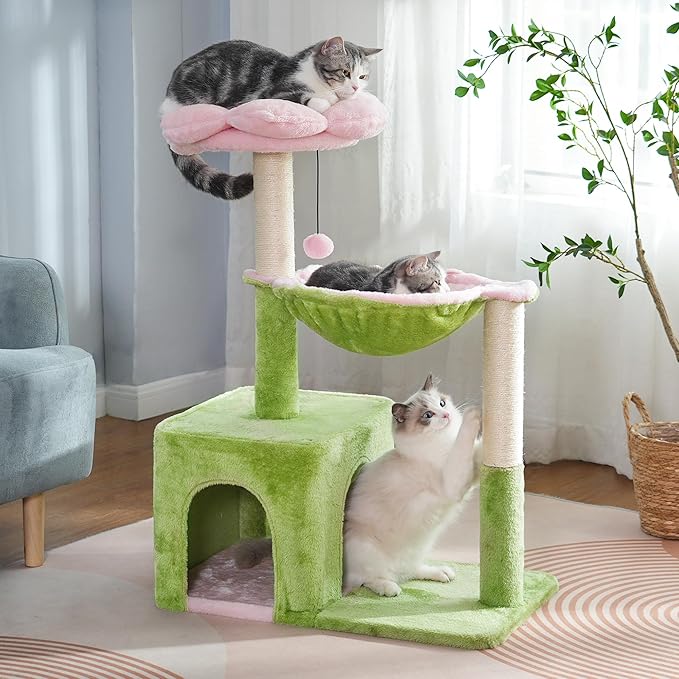Flower Cat Tree 34 Scratching Post Small Cat Tower for Large Cats, with 15.7”Large Hammock, Removable Top Bed and Wide Condo for Indoor Cats-Pink and Green