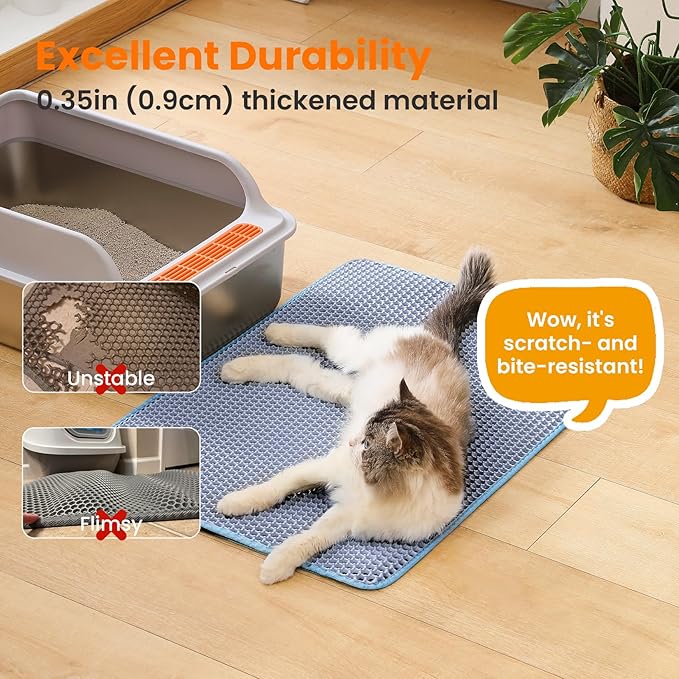 Extra Large Cat Litter Mat, 30x22 Inches Honeycomb Double Layer Cat Litter Trapping Mat, Non Slip Waterproof Urine Proof Large Kitty Litter Box Mat for Floor, Kitten Supplies, XL, Blue