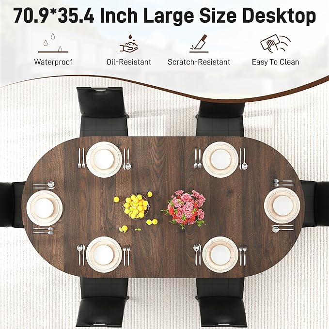 70.8 in Dining Table for 4 5 6 | Modern Walnut Rectangular Kitchen Table W/Waterproof Wood Tabletop,Farmhouse Long Dining Room Tables W/Foot Pads&Wood Strip Base for Kitchen Living Room