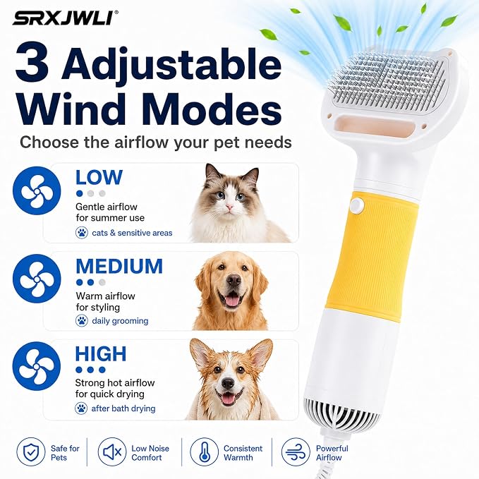 3 in 1 Pet Hair Dryers And Comb Brush High Velocity Blower for Dog Grooming | Portable Quiet Handheld Slicker with Steam Deshedding Intelligent Airflow System for Cats, Puppies and Professional(Blue)