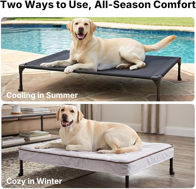 Veehoo Outdoor Elevated Dog Bed with Washable & Waterproof Cushion, Cooling | Medium Raised Dog Cot with Removable Cover, Brethable Mesh, Orthopedic Pet Bed for Indoor & Outdoor, 35" x 25", Dark Grey