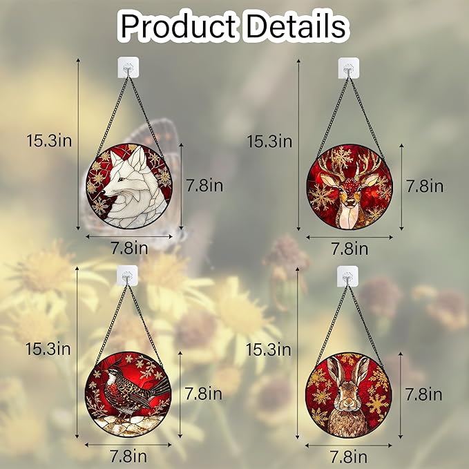 Stained Glass Window Hanging 4 Pcs Set Red Golden Snowflakes 7.8" - Christmas Elk Rabbit Suncatcher Door Garden Sun Catcher Decor Birthday for Mom Woman Nana Men