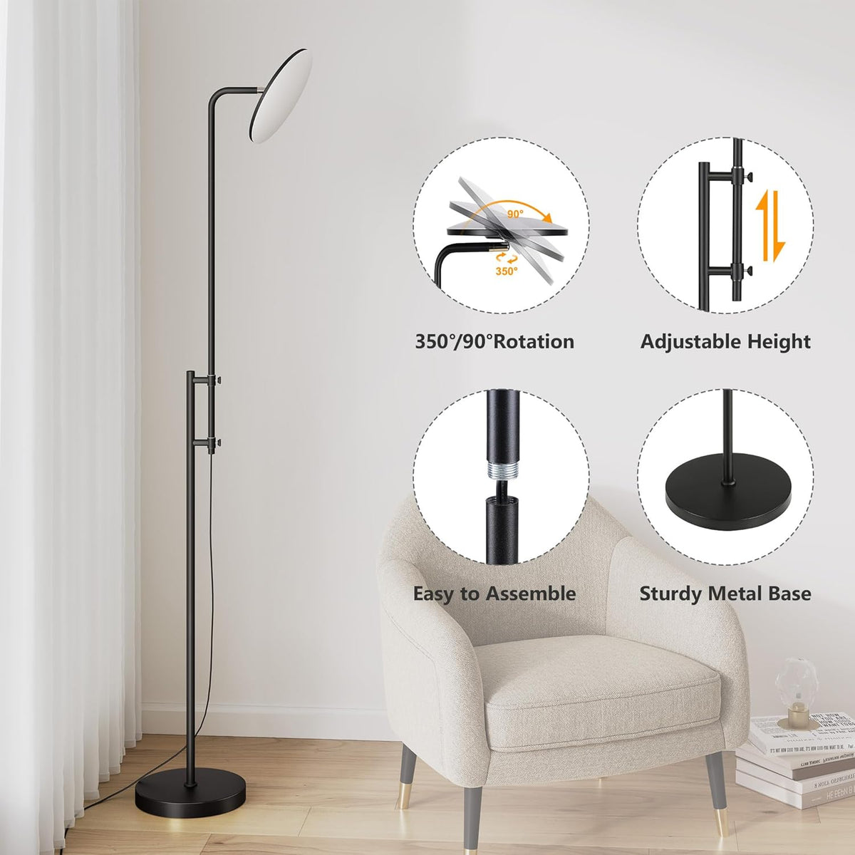 SUNMORY 32W/3000LM Floor Lamps, Super Bright LED Standing Lamp with Remote Control, Adjustable Tall Lamp with 350°Rotating Head, Modern Dimmable Torchiere Corner Lamp for Living Room, Bedroom, Office