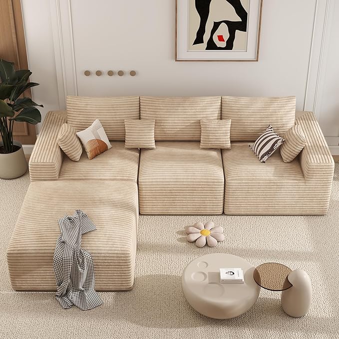113" Modular Sectional Sofa, Convertible L-Shaped Cloud Couches for Living Room with Ottoman, 4 Seater Corduroy Boneless Couch Sofa Set, No Assembly Required, Khaki 1 PCS
