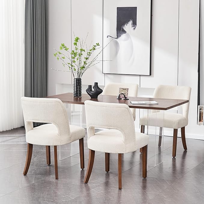 VKNOW Wooden Dining Chairs Set of 2, Modern Fabric Upholstered Dining Room Chair Kitchen Chairs, Farmhouse Dinner Chair for Kitchen Dining Room, Cream