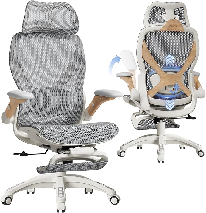 ELABEST X100 Ergonomic Office Chair with Footrest, Big and Tall Home Desk Chair with 5D Flip-Up Arms, Adjustable 3D Lumbar Support,High Back Rolling Computer Chair, Swivel Mesh Chairs (Foggy Morning)