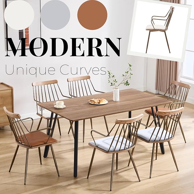 Modern Dining Chairs Set of 2, Upholstered Dining Chairs with Metal Leg, Wood Kitchen Chairs with Fence-Like Back and Curved Arm for Dining Room Kitchen Restaurant Reception (Beige)