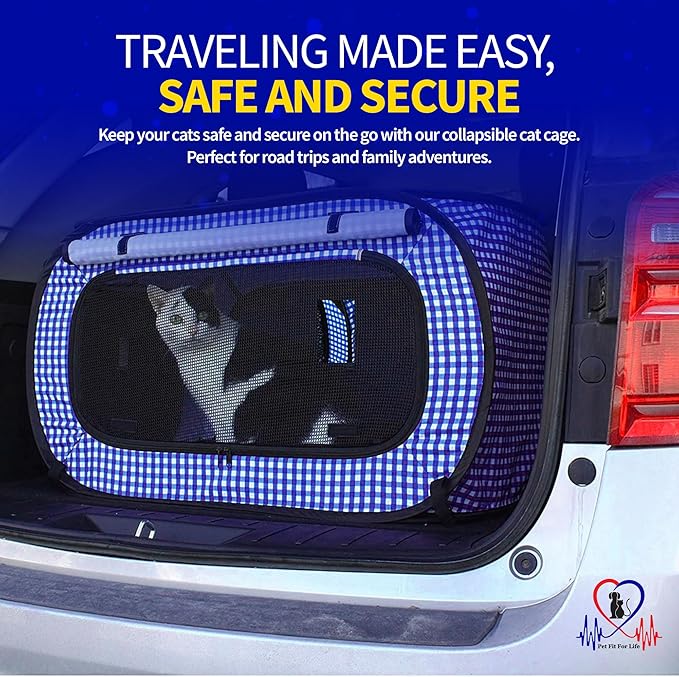 Pet Fit For Life Extra Large Cat Carrier for Travel - Foldable & Portable Collapsible Kennel with Litter Box, Feather Toy & Water/Food Bowl - Ideal for Cars, Long Trips & Indoor Cats - Blue Checkers
