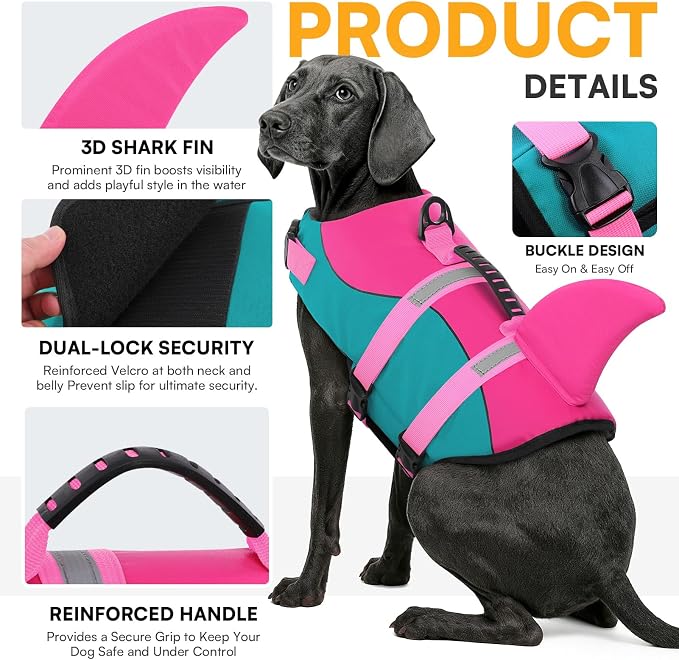 Dog Life Jacket,Dog Life Vest for Swimming,Dog Shark Life Jacket with Rescue Handle,Adjustable Reflective Dog Life Preserver for Extra Large Dog,Green 2XL