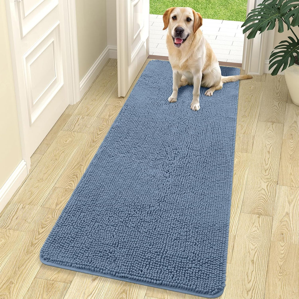 OLANLY Dog Door Mat for Muddy Paws 70x24, Absorbs Moisture and Dirt, Absorbent Non-Slip Washable Doormat, Quick Dry Chenille Mud Mat for Dogs, Entry Indoor Entryway Carpet for Inside Floor, Airy Blue
