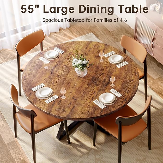 Concho 55" Round Table for 4-6, Circle Dining Dinner Table with Pedestal Metal Frame, Space Saving Wood Kitchen & Dining Room Furniture, Rustic Brown