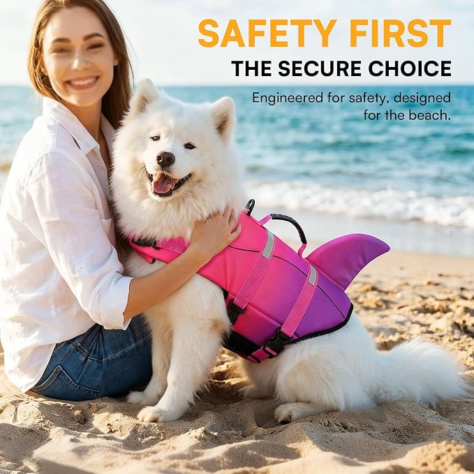 Dog Life Jacket High Flotation, Reflective Dog Life Vest for Swimming, Adjustable Dogs Life Preserver Rescue Handle Spring Summer Pool for Small, Medium, Large Dogs (Pink Purple,L)