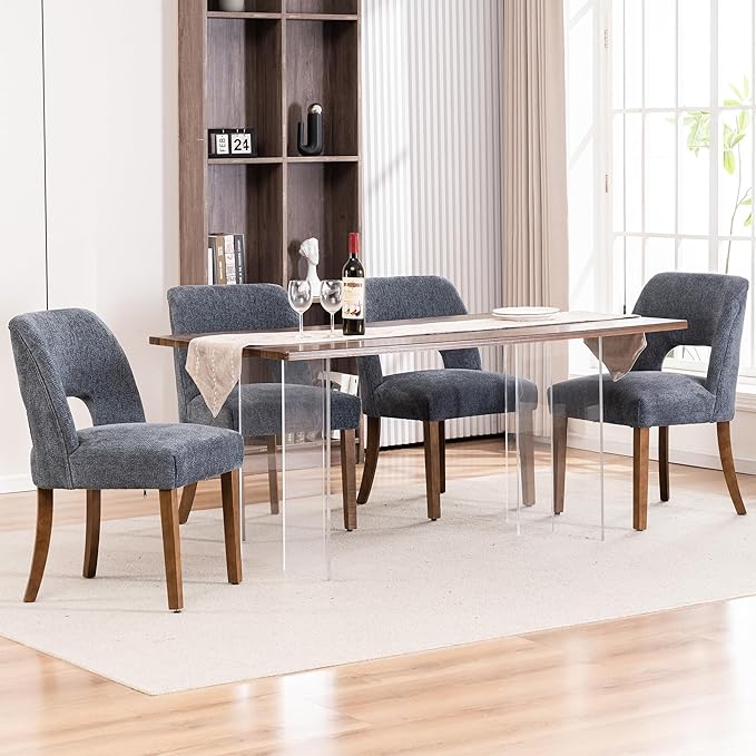VKNOW Wooden Dining Chairs Set of 4, Modern Fabric Upholstered Dining Room Chair Kitchen Chairs, Farmhouse Dinner Chair for Kitchen Dining Room, Navy
